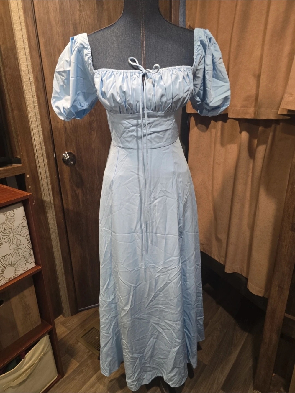 Sky Blue Puff-Sleeve Maxi Dress with Tie-Front
